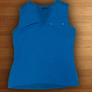 blue sleeveless blouse